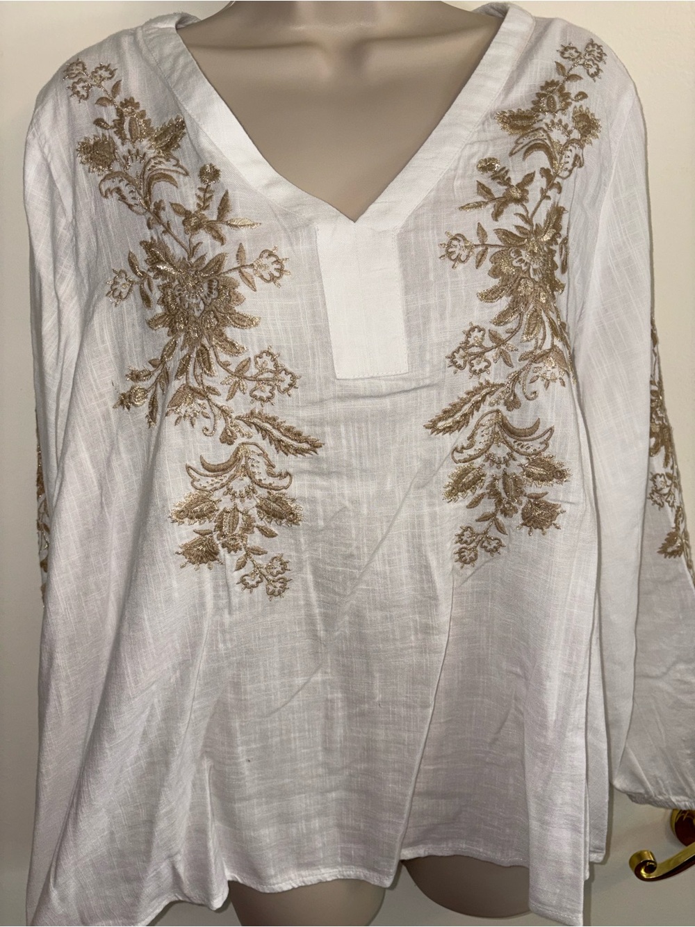 JM Collection White V-Neck Tunic with Gold Floral Embroidery
